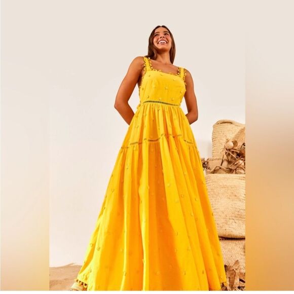 Farm Rio Yellow 3D Flowers Cotton Maxi Dress Crochet Embroidery Size M - Picture 4 of 13